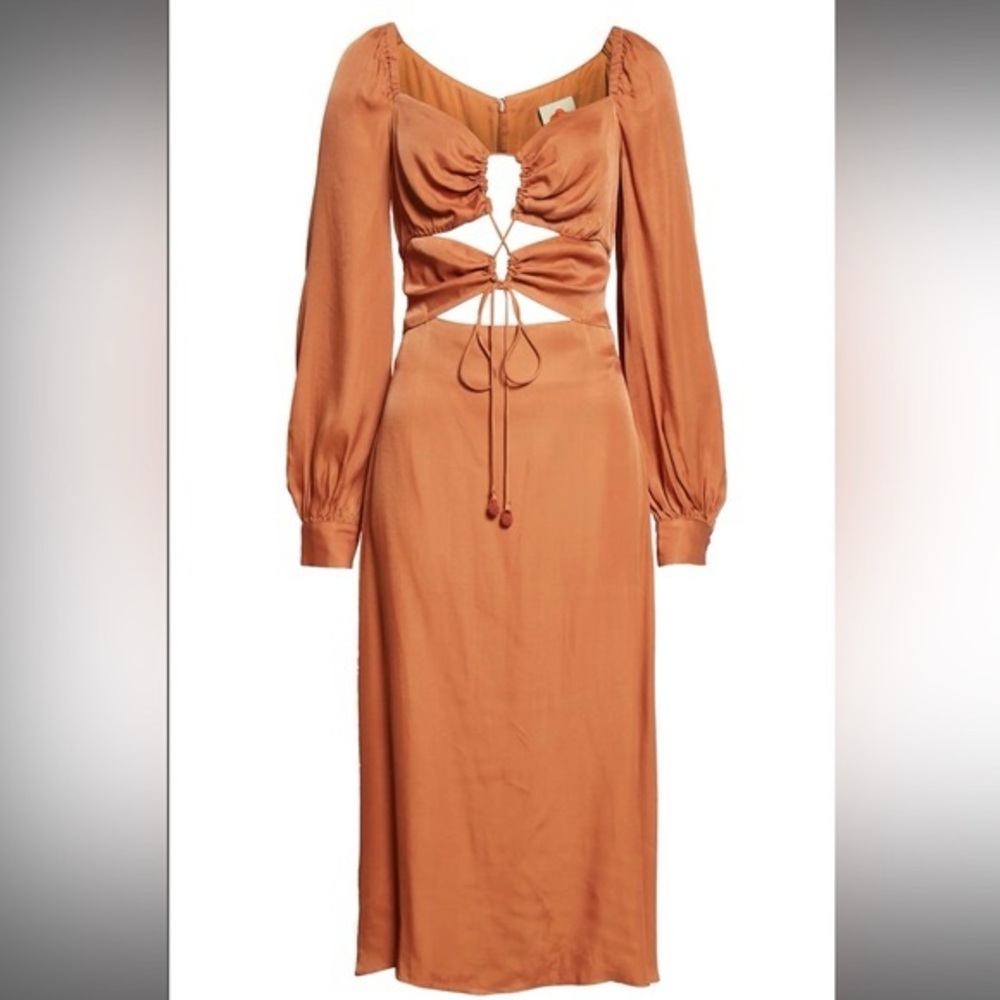 Farm Rio Caramel Cutout Front-Tie Satin Midi Dress - Picture 2 of 5